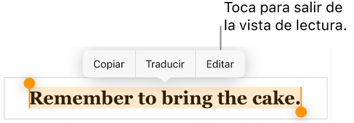 Hay seleccionada una oración y encima de ella aparece un menú contextual con botones Copiar y Editar.