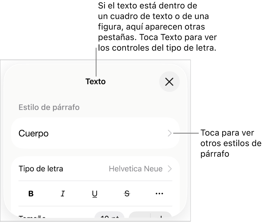 El menú Formato, que muestra controles de texto para configurar los estilos de párrafo y carácter, tipo de letra, tamaño y color.