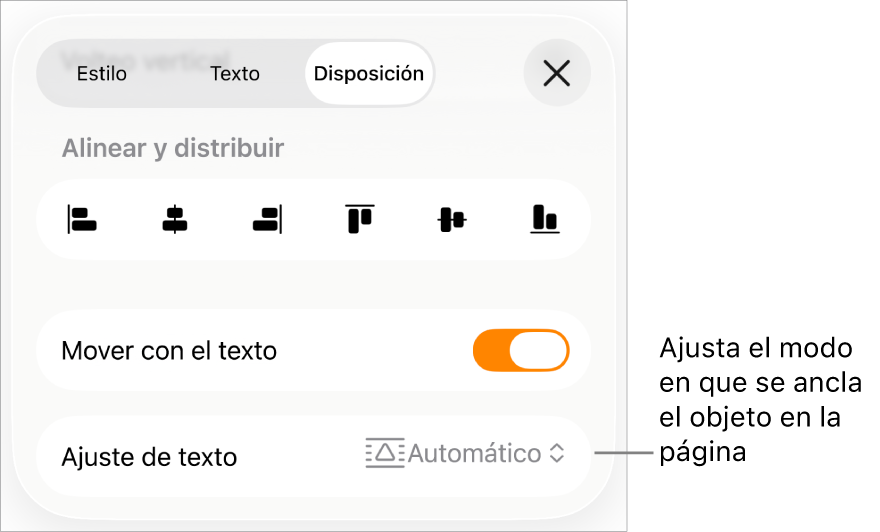 Los controles de disposición con las opciones “Mover con texto” y “Ajuste de texto”.