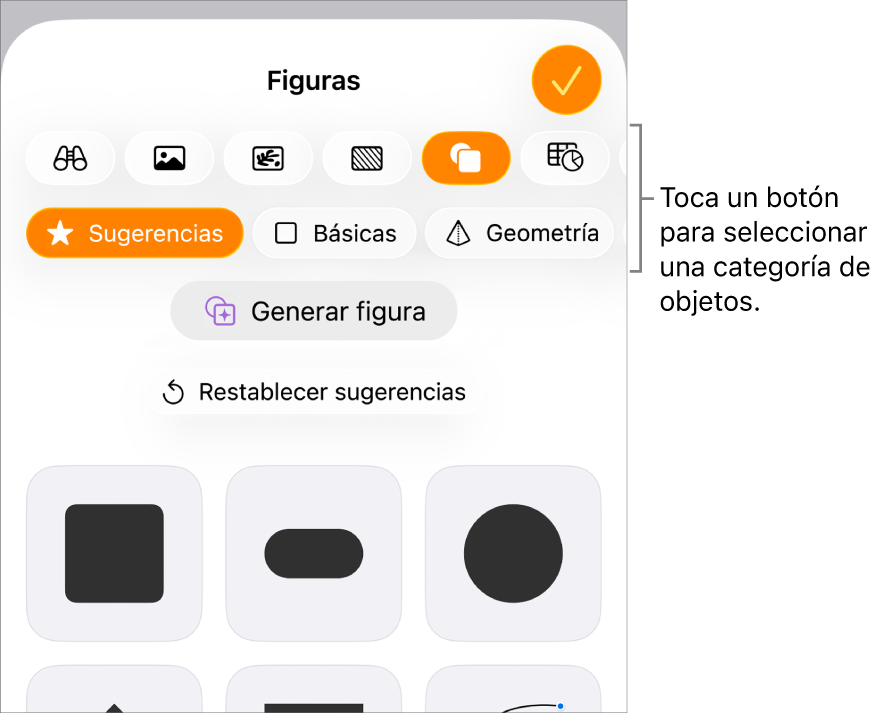 Los controles para añadir un objeto, con botones en la parte superior para seleccionar tablas, gráficas, figuras (líneas y cuadros de texto incluidos) y contenidos.