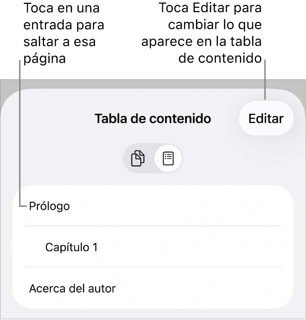 La visualización de la tabla de contenido con encabezamientos en una lista. Hay un botón Editar en la esquina superior derecha y en la parte inferior están los botones “Miniaturas de página” y “Tabla de contenido”.