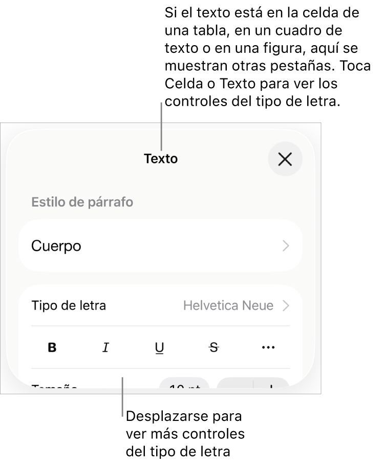 Controles de texto en el menú Formato para configurar los estilos de párrafo y carácter, tipo de letra, tamaño y color.
