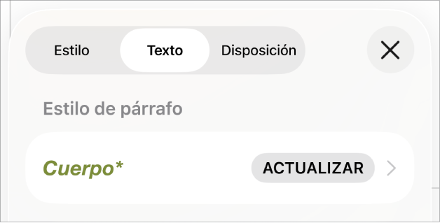 El estilo de párrafo Cuerpo con un asterisco junto a él.
