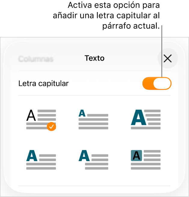 Los controles de “Letra capitular” situados en el menú Texto.