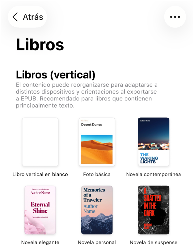 El selector de plantilla con plantillas de libro con orientación vertical en la parte superior y orientación horizontal abajo.