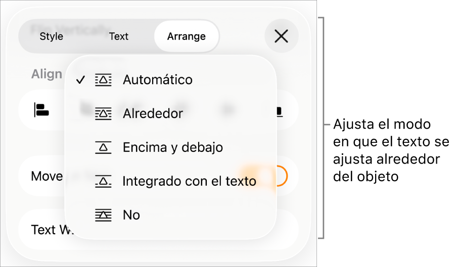Los controles de ajuste del texto, que incluyen ajustes para Automático, Alrededor, “Encima y debajo”, “Integrado con el texto” y Ninguno.