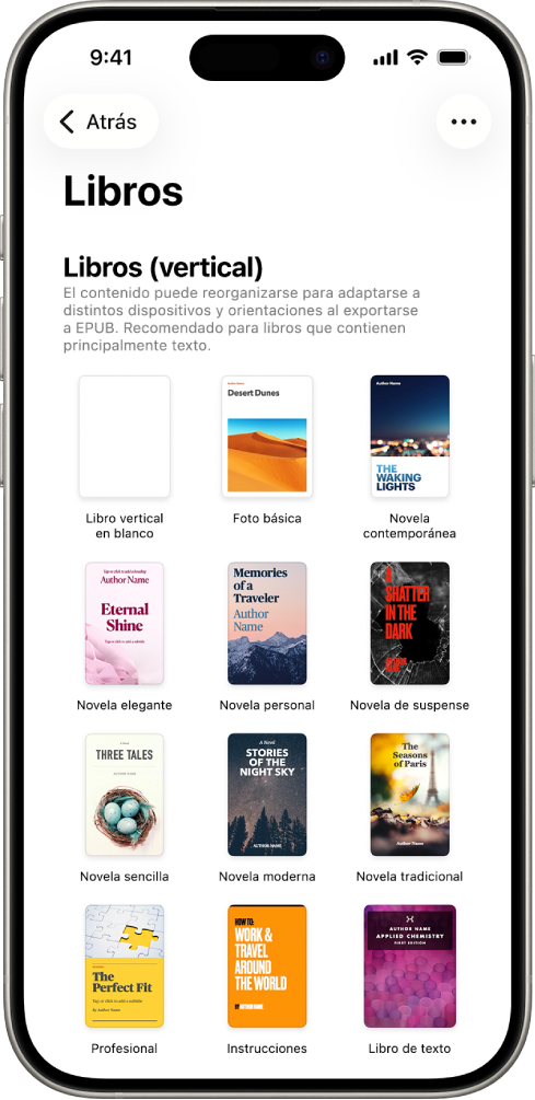 El selector de plantilla con plantillas de libro con orientación vertical en la parte superior y orientación horizontal abajo.