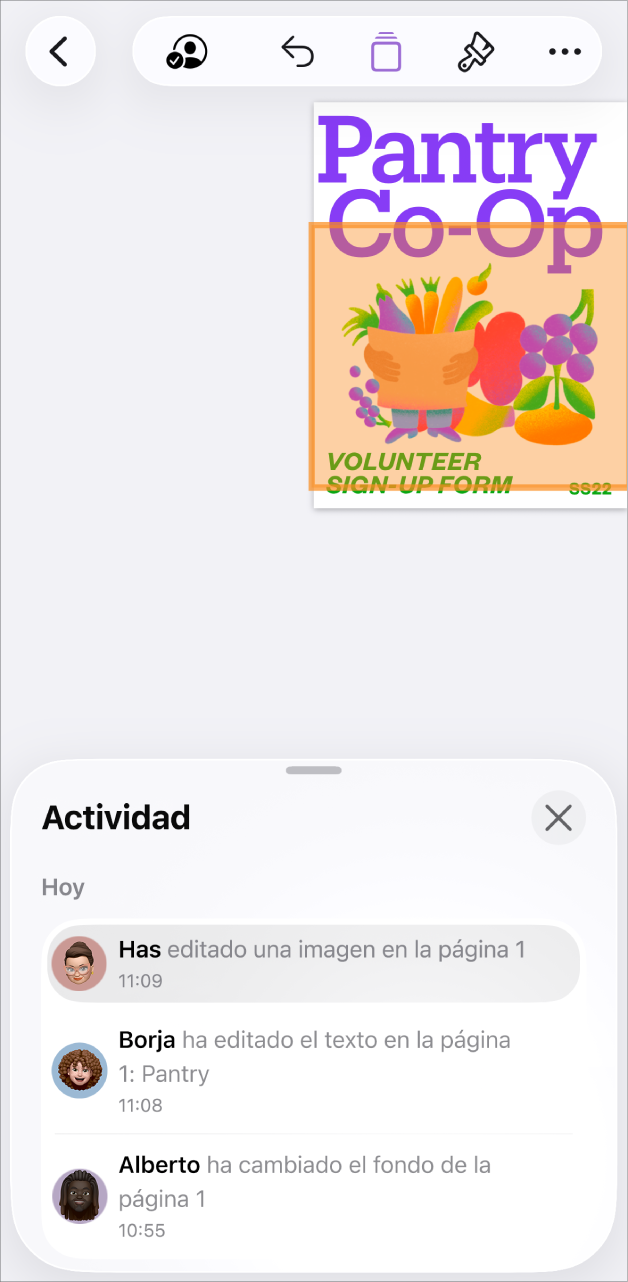 El menú de colaboración con los participantes actuales.