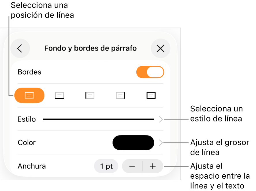 Controles para cambiar el estilo de línea, grosor, posición y color.