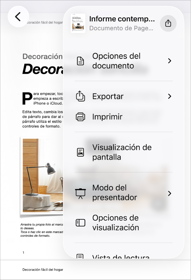 Se muestra el menú Compartir con las opciones de envío en la parte superior y las opciones Copiar, “Exportar y enviar”, Imprimir, “Nueva nota rápida”, “Añadir etiquetas” y “Guardar en Archivos” debajo.