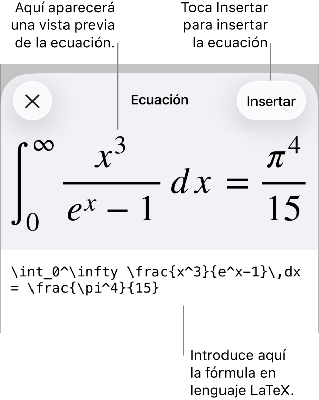 El diálogo Ecuación con una ecuación escrita con comandos de LaTeX y una previsualización de la fórmula encima.