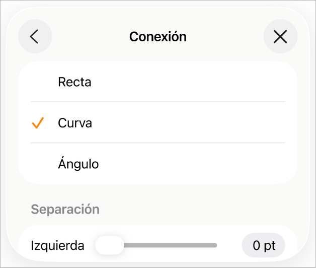 Controles de Conexión con la opción Curva seleccionada.