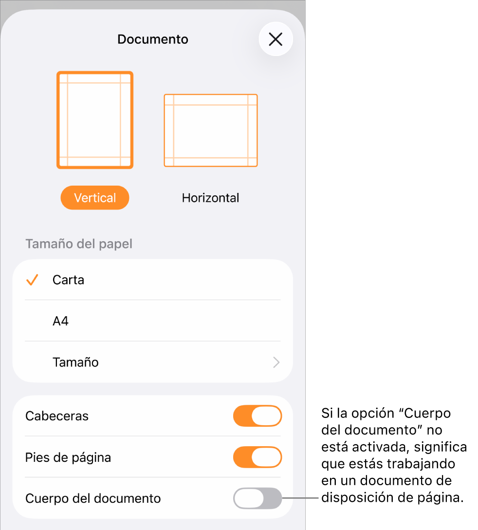 La configuración del documento está abierta y el cuerpo del documento está sin seleccionar en un documento de disposición de página.