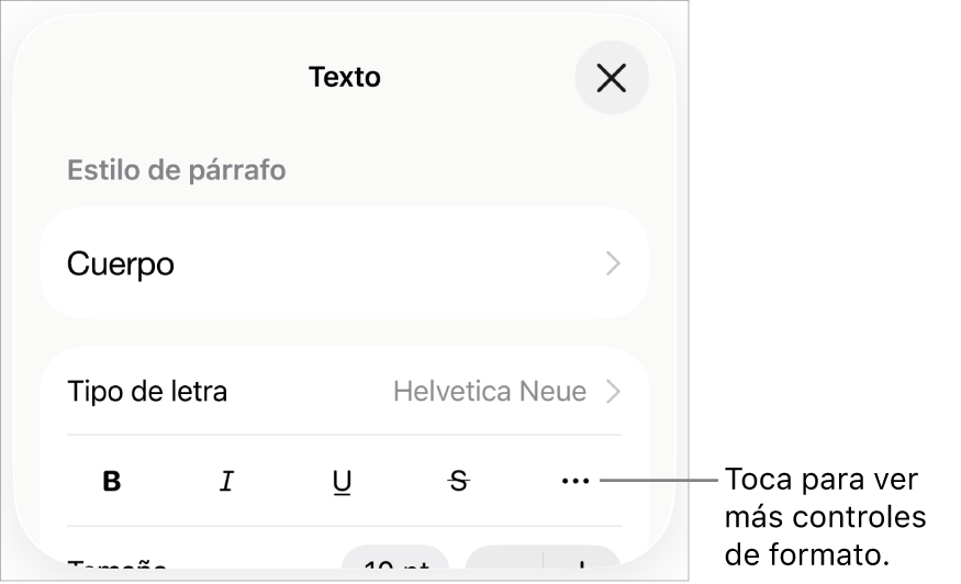 La pestaña Texto de los controles de formato, con una llamada al botón “Más opciones de texto”.