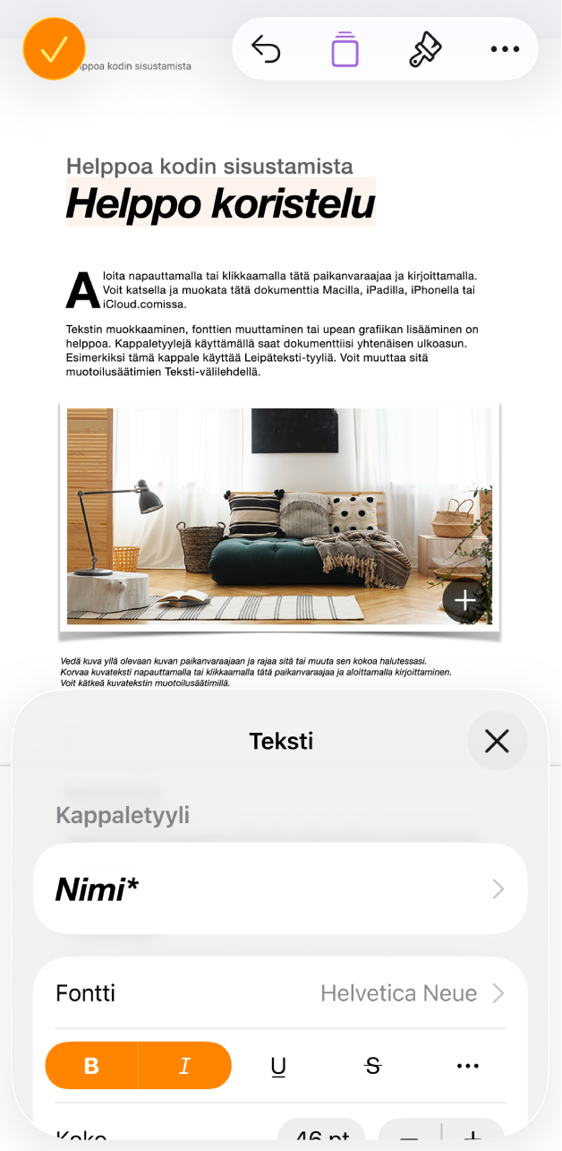 Avoimessa dokumentissa on tekstiä valittuja ja tekstivaihtoehdot näkyvät alhaalla.