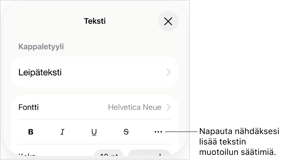 Muoto-säätimien Teksti-välilehti, jossa Lisää tekstivalintoja -painikkeen selite.