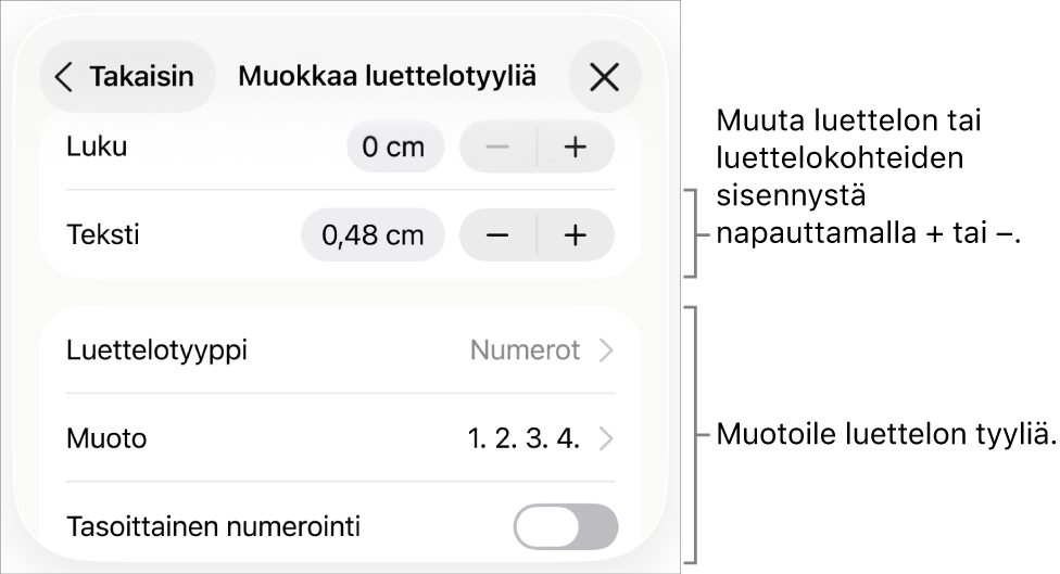 Muokkaa luettelotyyliä -valikko, jossa on säätimet sisennysten välistystä, luettelotyyppiä ja -muotoa, tasoittaista numerointia ja riviväliä varten.