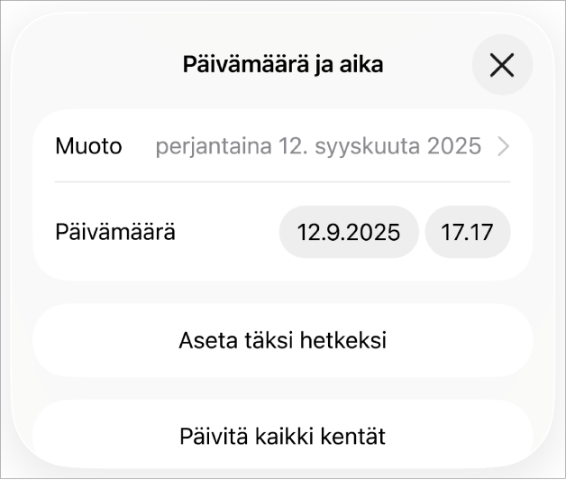 Päivämäärä ja aika ‑säätimet, joissa näkyvät päivämäärän Muoto-ponnahdusvalikko sekä Aseta täksi hetkeksi ‑painike ja Päivitä kaikki kentät ‑painike.