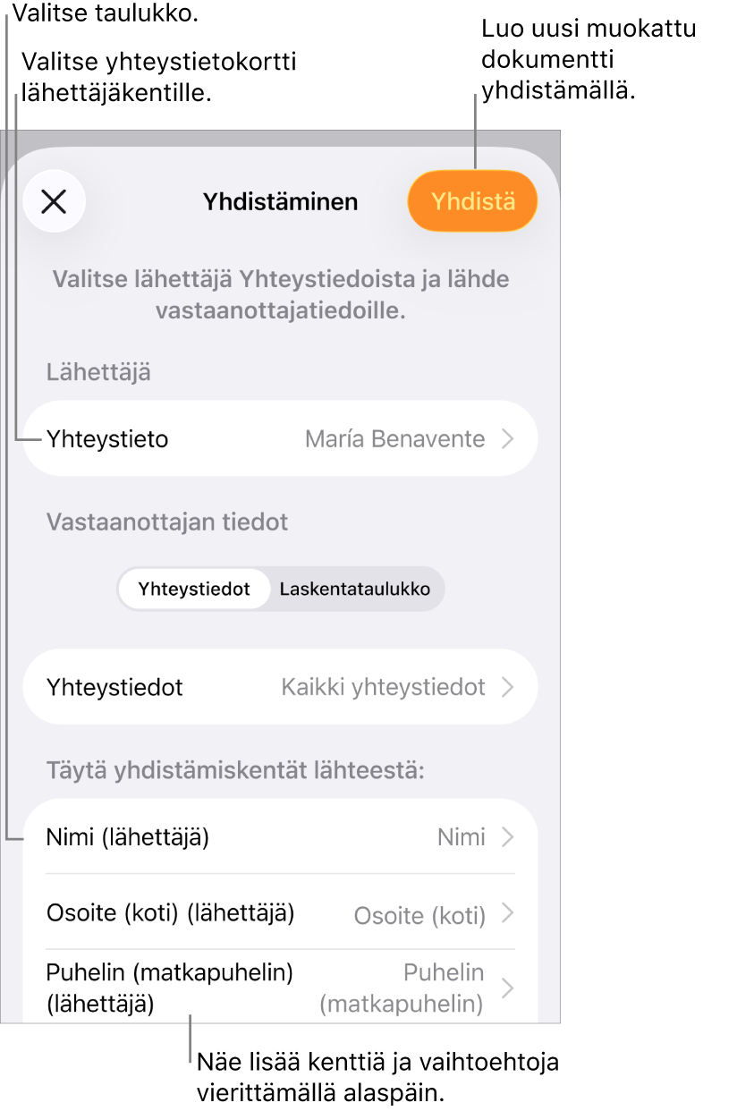 Yhdistäminen-osio avoinna, näkyvillä valinnat lähettäjän tietojen valitsemiseen, lähdetiedoston tai -taulukon muuttamiseen, yhdistämiskenttien nimien tai yksittäisten tietueiden esikatseluun tai dokumentin yhdistämiseen.