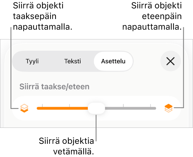 Siirrä taakse -painike, Siirrä eteen -painike ja kerrosliukusäädin.