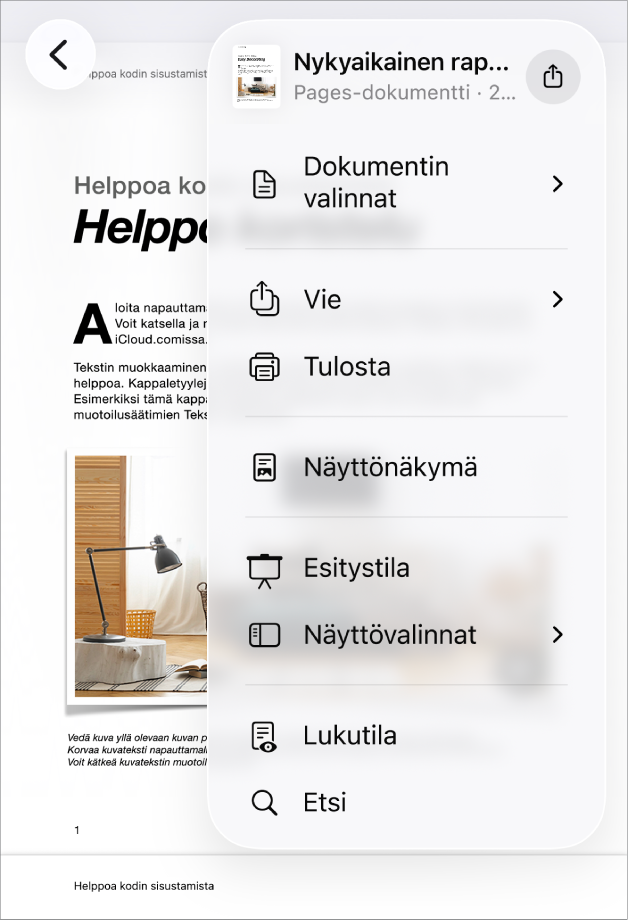 Näkyviin tulee Jakovalikko, jossa lähetysvaihtoehdot ylhäällä ja Kopioi-, Vie ja lähetä-, Tulosta-, Uusi pikamuistiinpano-, Lisää tunnisteita- ja Tallenna Tiedostoihin -vaihtoehdot niiden alapuolella.