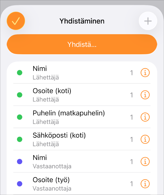 Yhdistämiskentän ilmentymät näkyvät luetteloituna Yhdistäminen-valikossa.