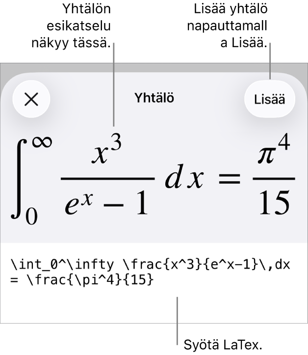 Yhtälö-valintaikkuna, jossa näkyy LaTex-komentoja käyttäen syötetty yhtälö, ja yllä kaavan esikatselu.