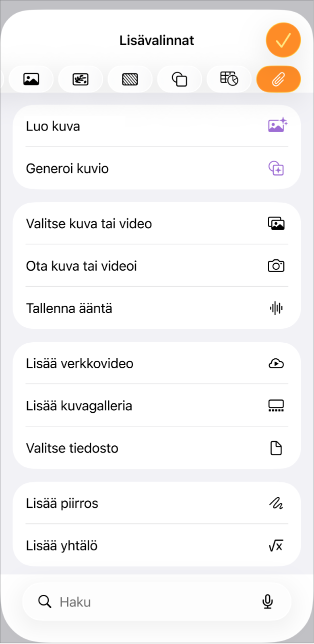 Lisää media -valikko näkyvissä.