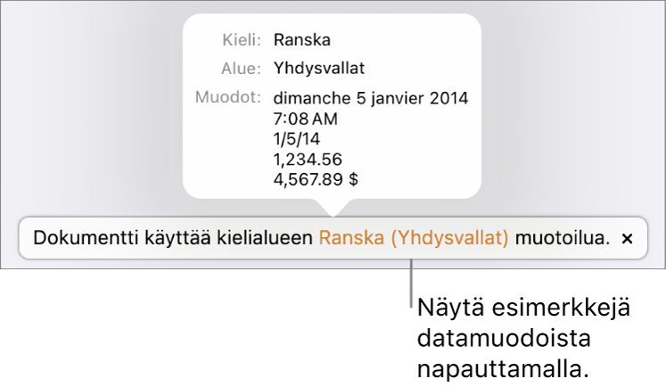 Eri kieli- ja alueasetuksen ilmoitus, jossa on esimerkkejä kyseisen kielen ja alueen muotoilusta.