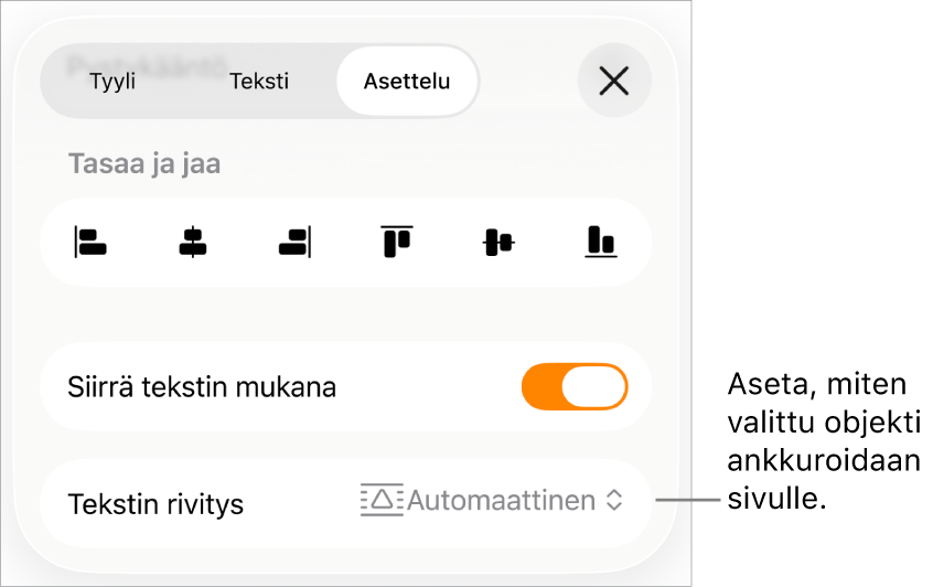 Järjestä-säätimet, joissa on Siirrä tekstin kanssa ja Tekstin rivitys.