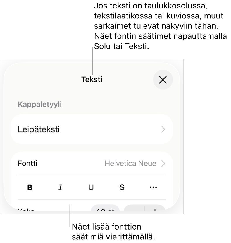 Muoto-valikon tekstisäätimet kappale- ja merkkityylien, fontin, koon ja värin valitsemista varten.
