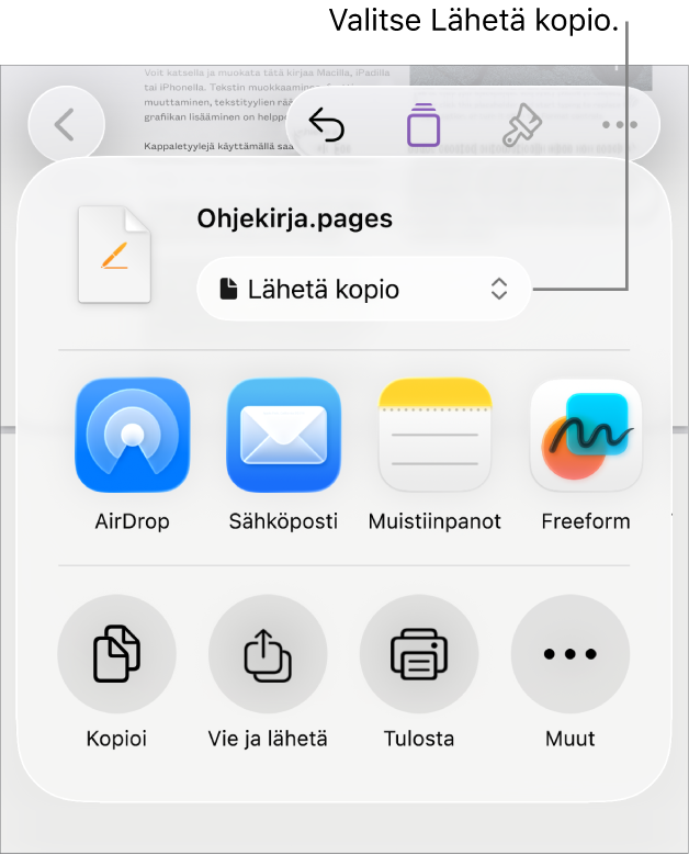 Jaa-valikko, jossa on ylhäällä valittuna Lähetä kopio.