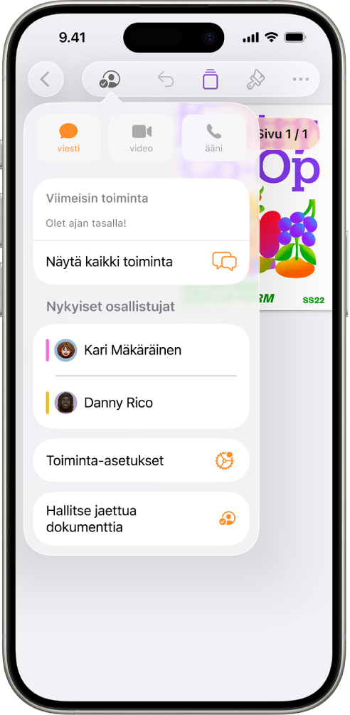 Yhteistyövalikko, jossa näkyvät dokumentin parissa yhteistyötä tekevien käyttäjien nimet.