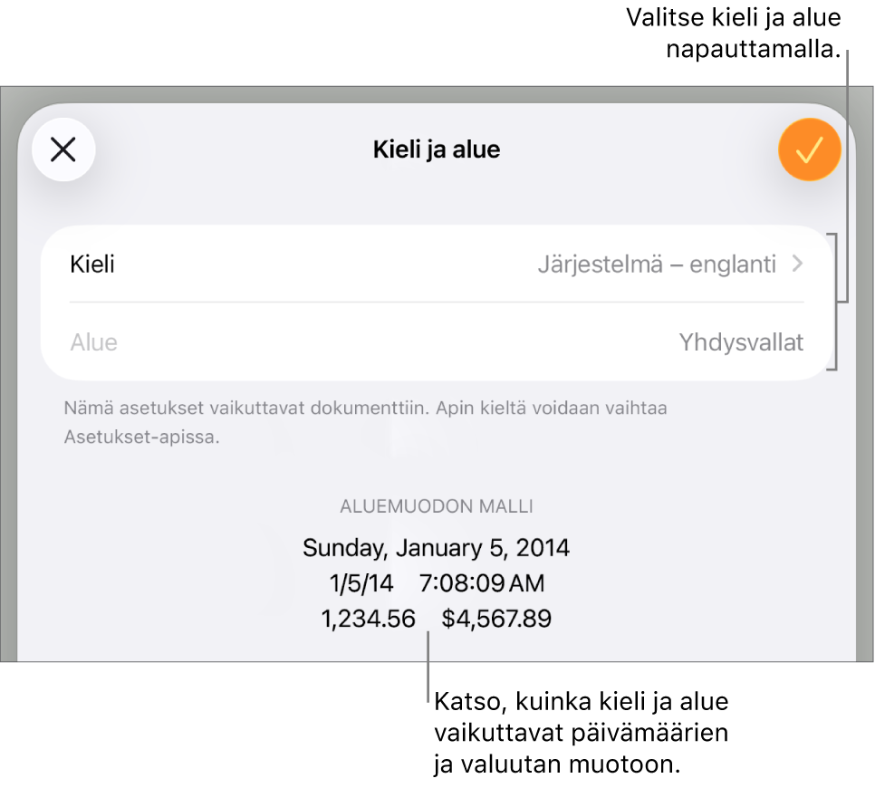 Kieli ja alue -osio, jossa näkyvät kielen ja alueen säätimet sekä muotoesimerkki mukaan lukien päivämäärä, aika, desimaali ja valuutta.