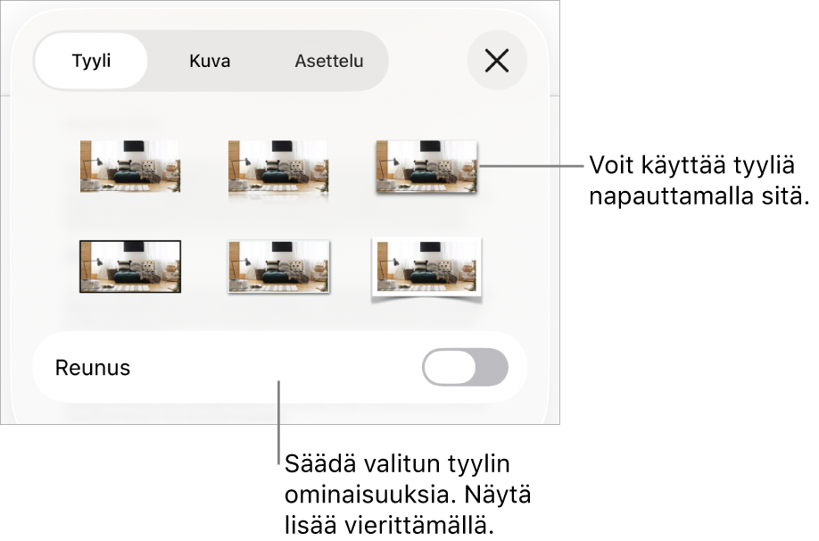 Muoto-valikon Tyyli, jossa on ylhäällä objektityylejä ja niiden alla säädin, jolla muutetaan reunoja.