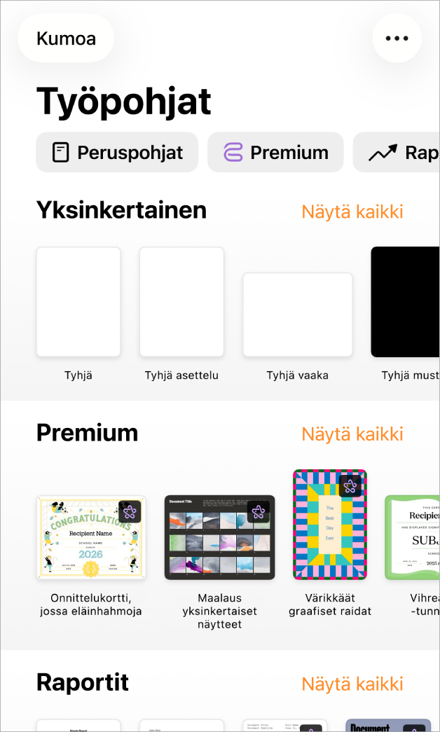 Työpohjan valitsin, jonka yläreunassa näkyy kategorioiden rivi, jota napauttamalla voidaan suodattaa vaihtoehtoja. Alla on esimääritettyjä työpohjia, jotka on järjestetty kategorian mukaan siten, että yläreunassa ovat uudet työpohjat ja niiden alla äskeiset ja peruspohjat. Näytä kaikki -painike tulee näkyviin kunkin kategorian yläpuolelle oikealla. Kieli ja alue -painike on oikeassa yläkulmassa.