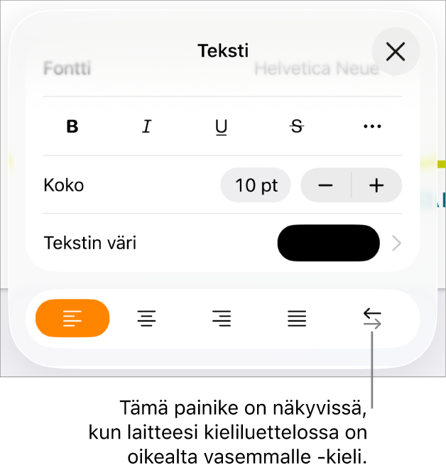 Muoto-valikon tekstisäätimet ja selite, joka osoittaa Oikealta vasemmalle -painikkeeseen.