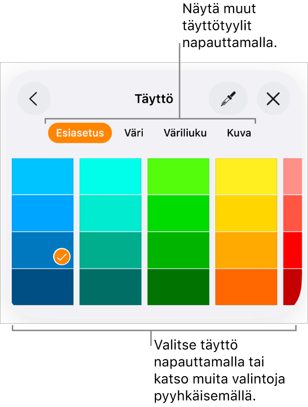 Muoto-painikkeen Tyyli-välilehden täyttövalintoja.