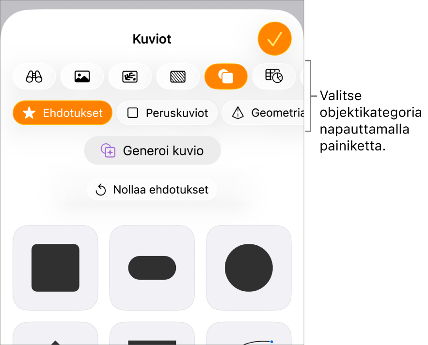 Objektin lisäämisen säätimet, joiden yläreunassa on painikkeita taulukoiden, kaavioiden, kuvioiden (mukaan lukien viivojen ja tekstilaatikoiden) ja median valitsemiseen.