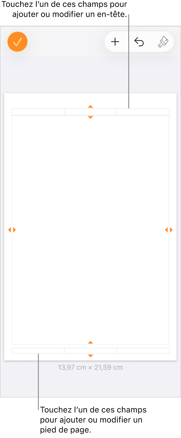 Présentation Plus d’options avec trois champs en haut du document pour les en-têtes et trois champs en bas pour les bas de page.