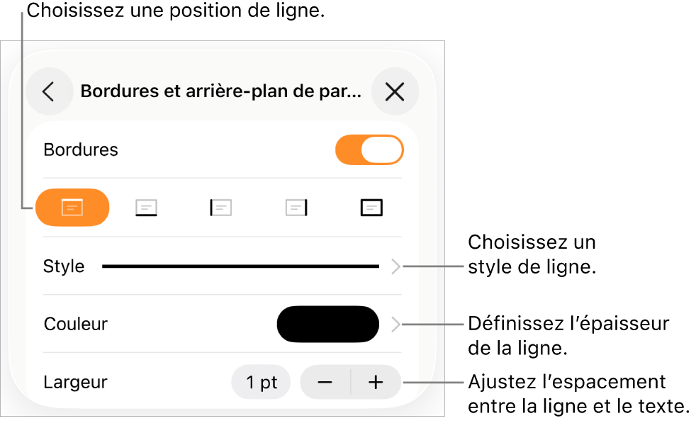 Commandes permettant de modifier le style, l’épaisseur, la position et la couleur de la ligne.