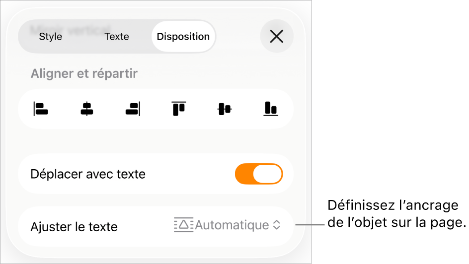 Commandes Disposition avec les options Déplacer avec texte et Ajustement du texte.
