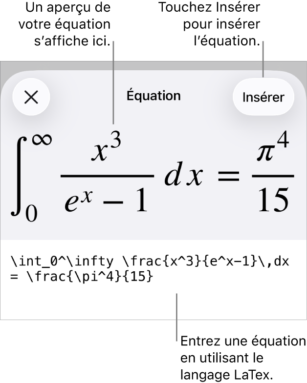 Zone de dialogue Équation, affichant une équation composée à l’aide des commandes LaTex et aperçu de la formule au-dessus.