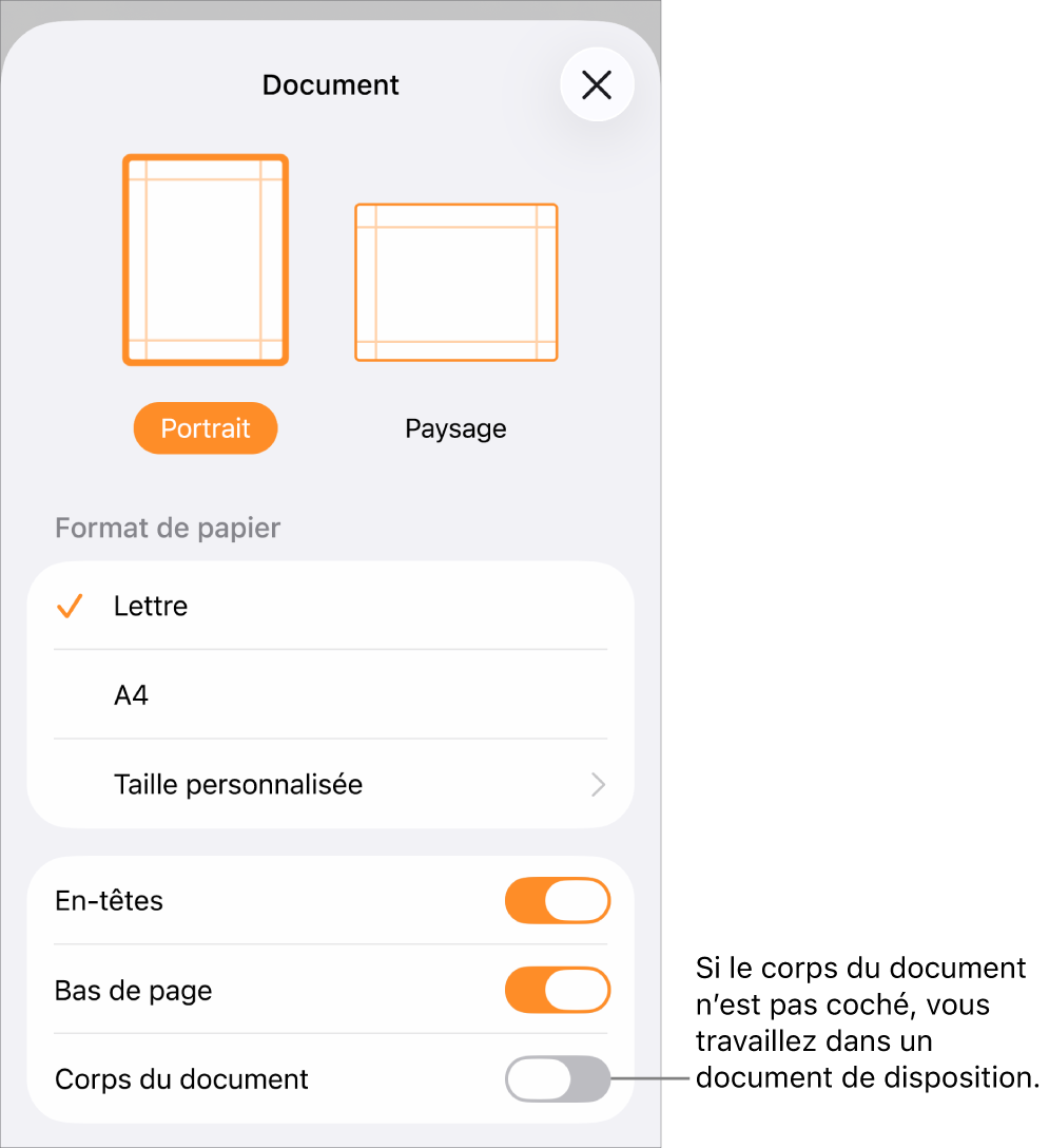 Document de mise en page avec la mise en page ouverte et l’option Corps du document non cochée.