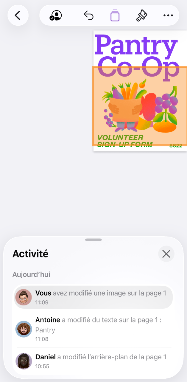 Le menu de collaboration avec la liste des participants actuels.