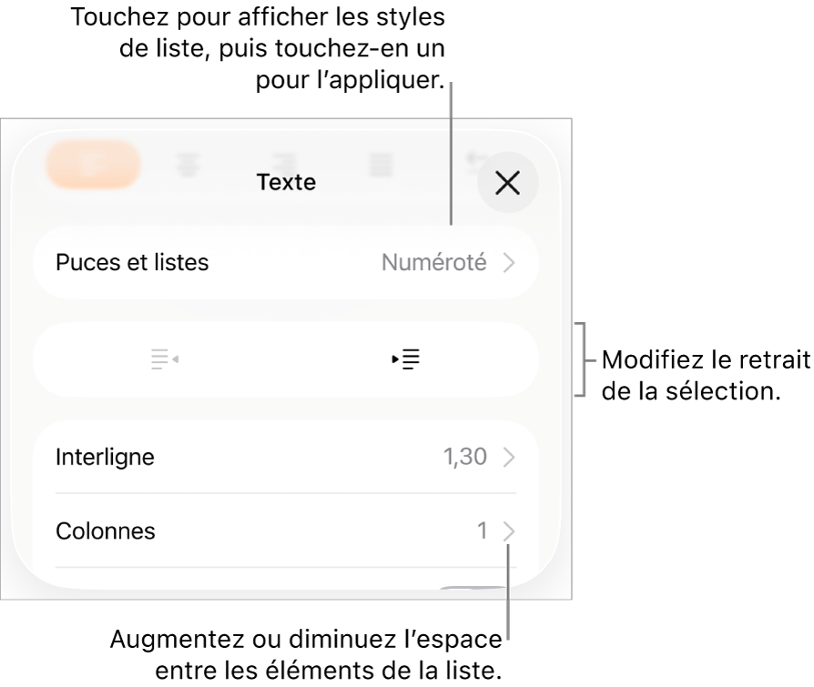 La section Puces et listes des commandes Format avec des légendes indiquant le menu Puces et listes, les boutons de retrait ou de suppression du retrait, et les commandes d’interligne.
