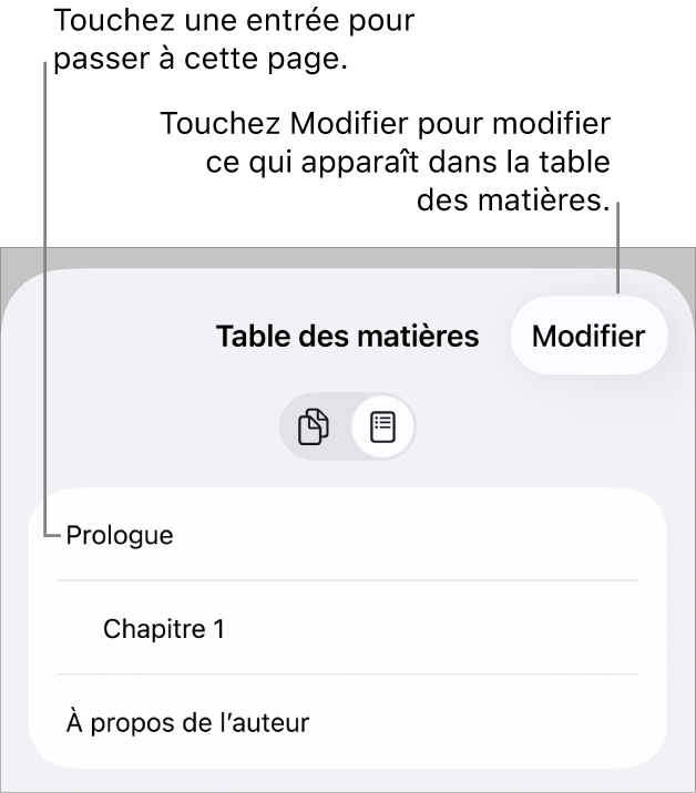 La présentation de la table des matières avec les titres sous forme de liste. Un bouton Modifier se trouve dans le coin supérieur droit. Les boutons Vignettes de page et Table des matières sont au bas de l’écran.