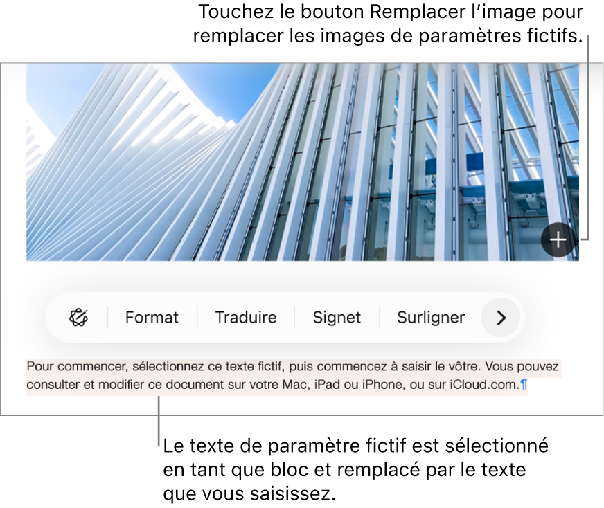 Texte et images de paramètre fictif.