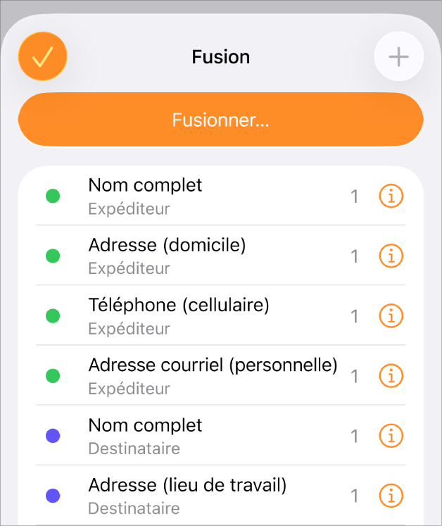 Instances de champs de fusion répertoriées dans le menu Fusion.