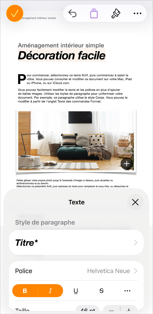 Dans un document ouvert, le texte est sélectionné et les options de texte sont affichées au bas.